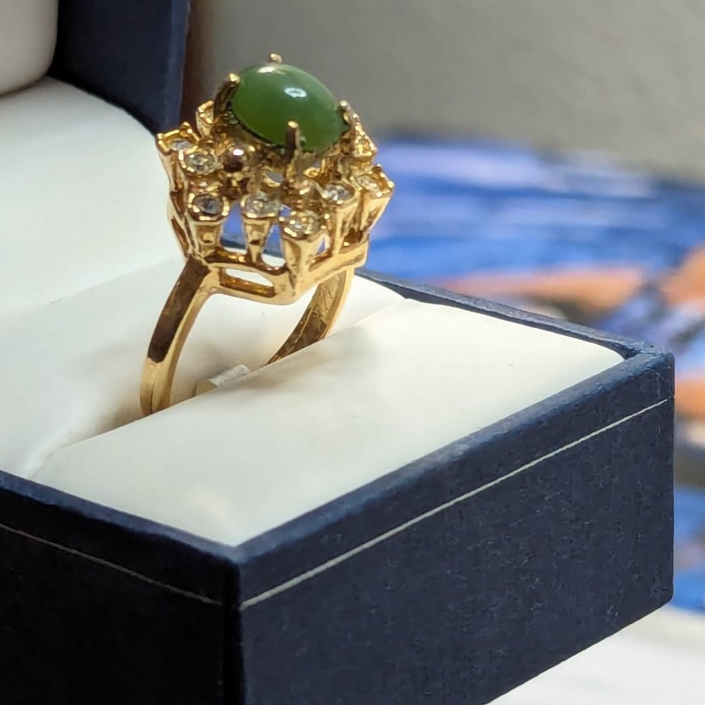 Cocktail Cluster Ring Vintage Ring 18k Yellow Gold HGE Over Sterling and JADE
